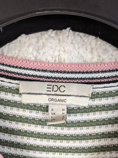 Close-up of EDC label on green striped sweater