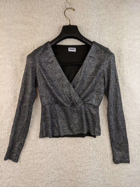 Front view of Noisy May metallic shimmer wrap top