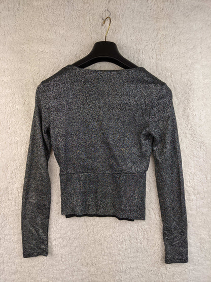 Back view of Noisy May metallic shimmer wrap top