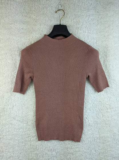 Front view of MNG ribbed mock neck top in mauve