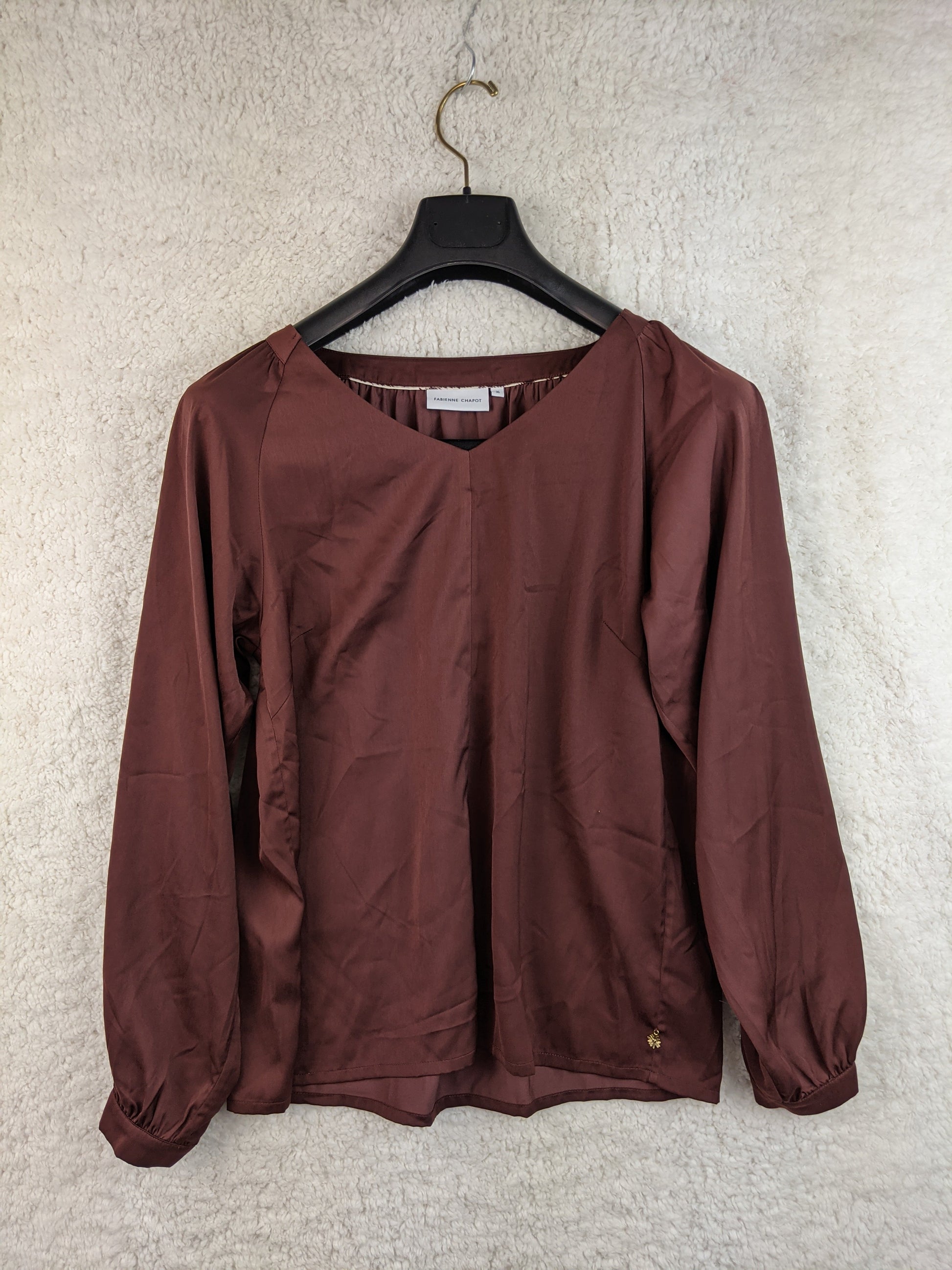 Front view of plum Fabienne Chapot blouse