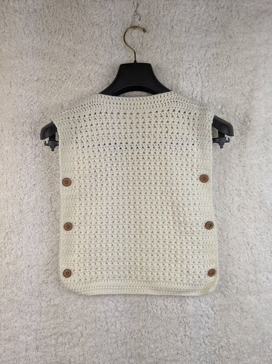 Handmade white crochet vest with buttons, back view