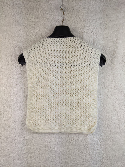 White crochet vest with buttons, back view on hanger