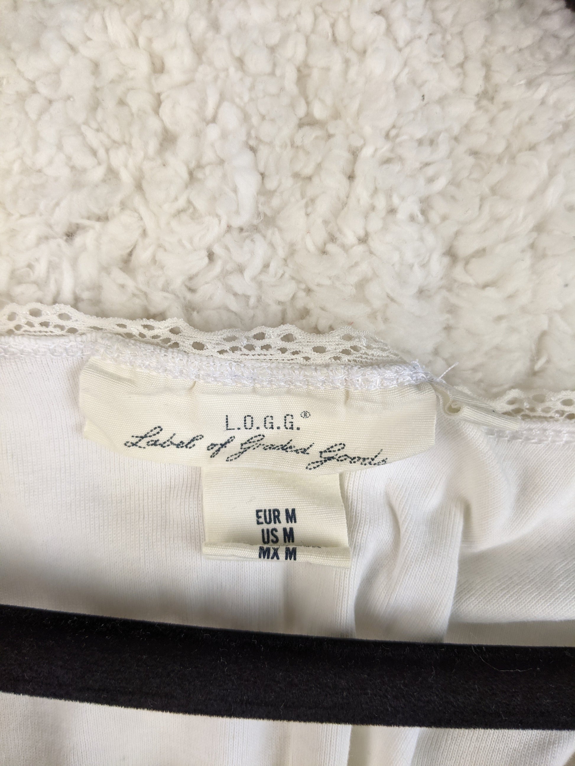 Close-up of L.O.G.G. label on white tank top
