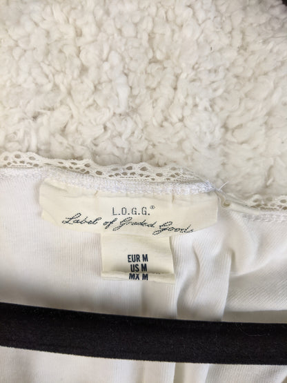 Close-up of L.O.G.G. label on white tank top