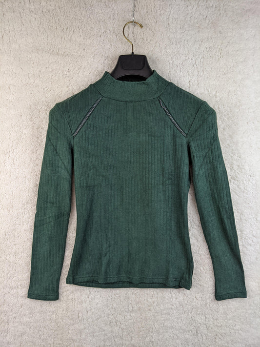 Front view of green ribbed long sleeve top on hanger