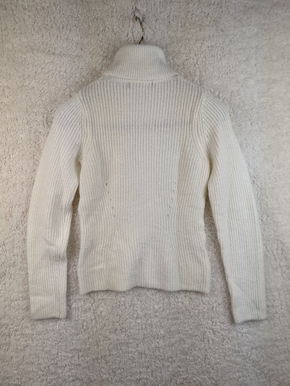 Back view of white ribbed turtleneck sweater
