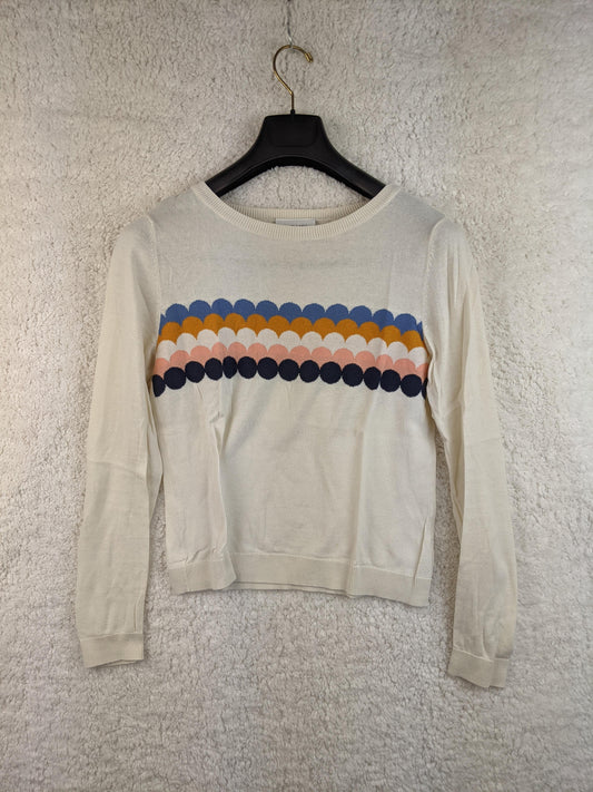 Front view of beige sweater with colorful pattern