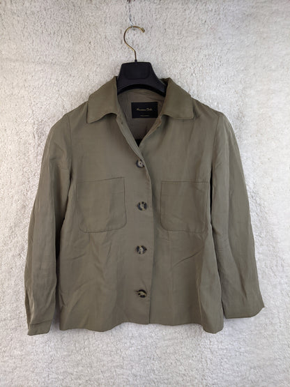 Front view of olive green jacket on hanger