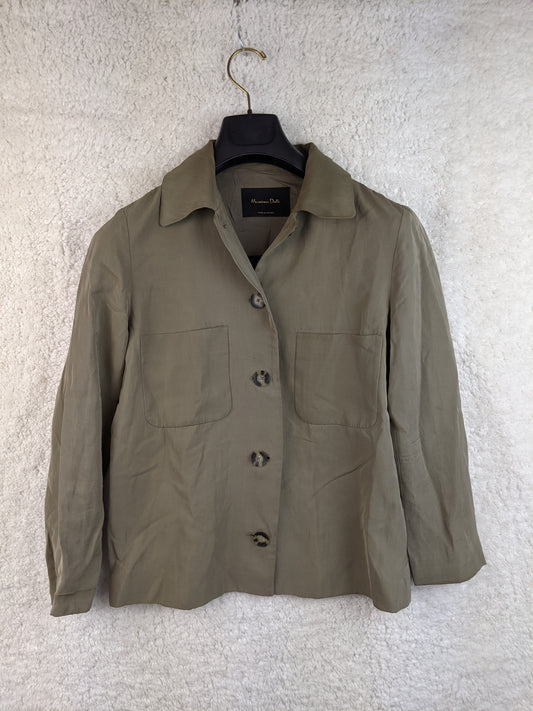 Front view of olive green jacket on hanger