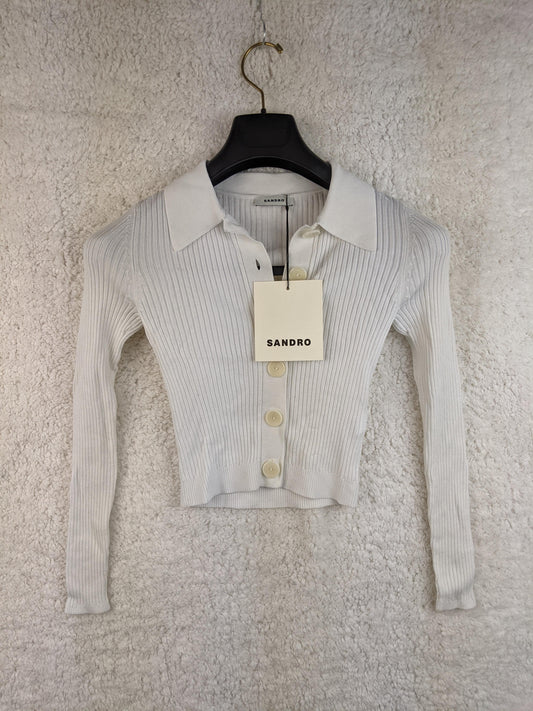 Front view of Sandro white ribbed cardigan