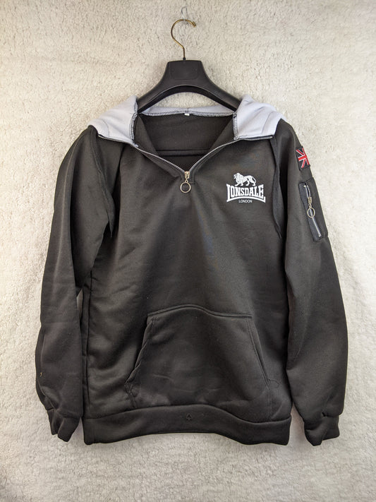 Front view of Lonsdale black hoodie with Union Jack detail