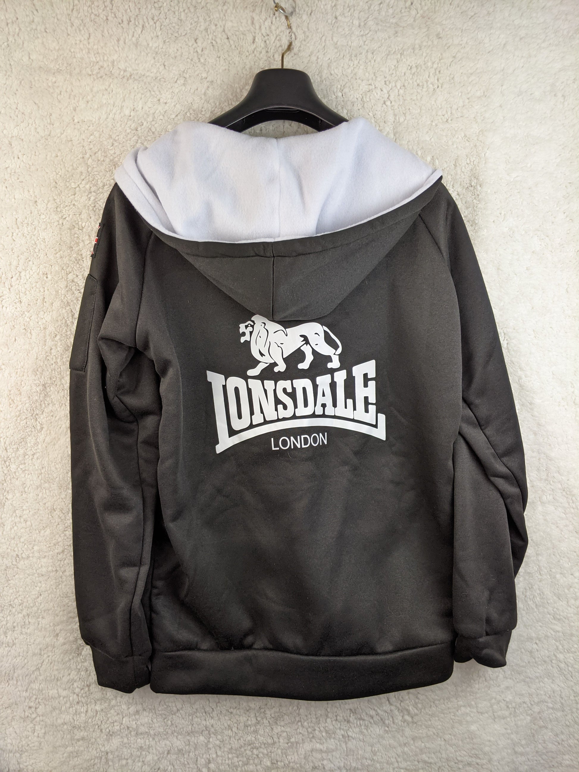 Back view of Lonsdale black hoodie with Union Jack detail