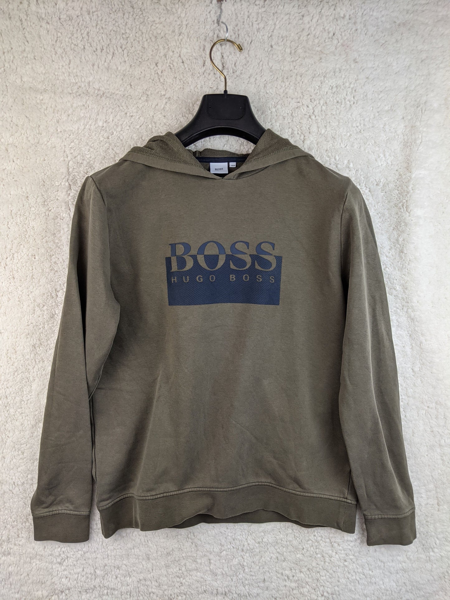 Front view of Hugo Boss olive green hoodie
