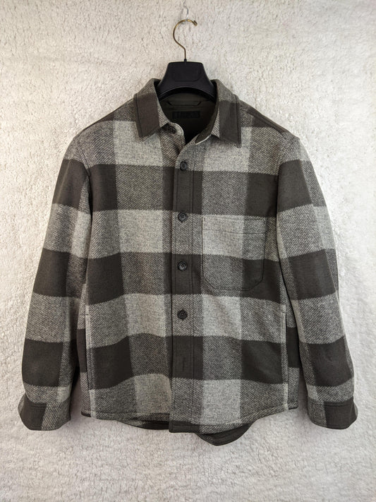 Front view of Uniqlo checkered overshirt in olive green and gray