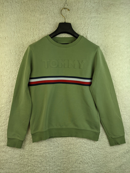 Front view of green Tommy Hilfiger sweatshirt with stripe detail