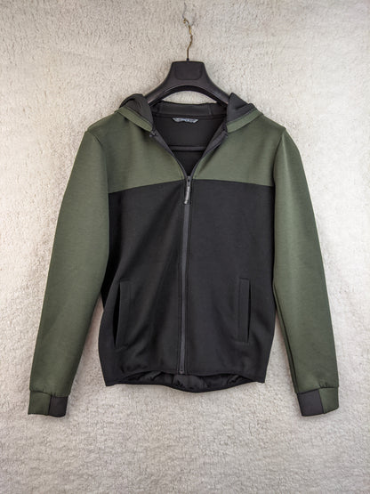 Front view of a green and black hoodie on a hanger