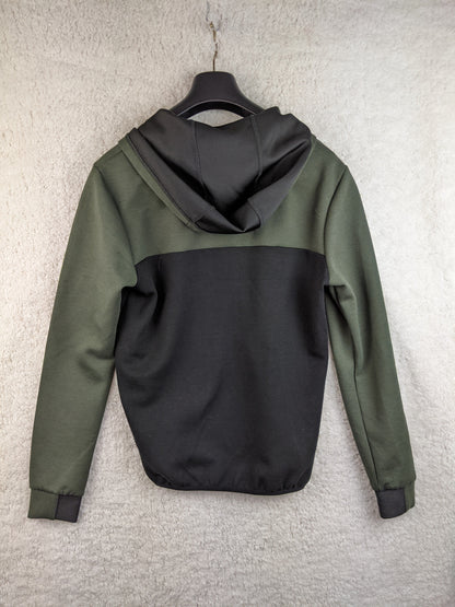 Back view of a green and black hoodie on a hanger