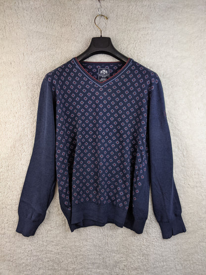 Front view of navy patterned sweater