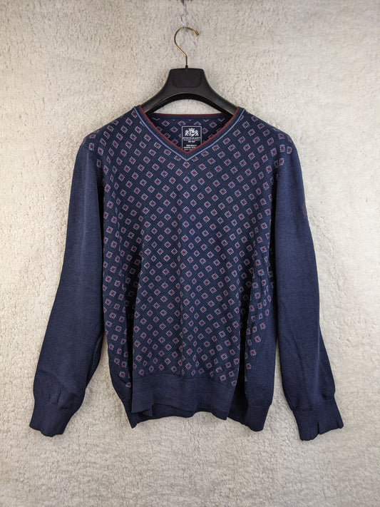 Front view of navy patterned sweater