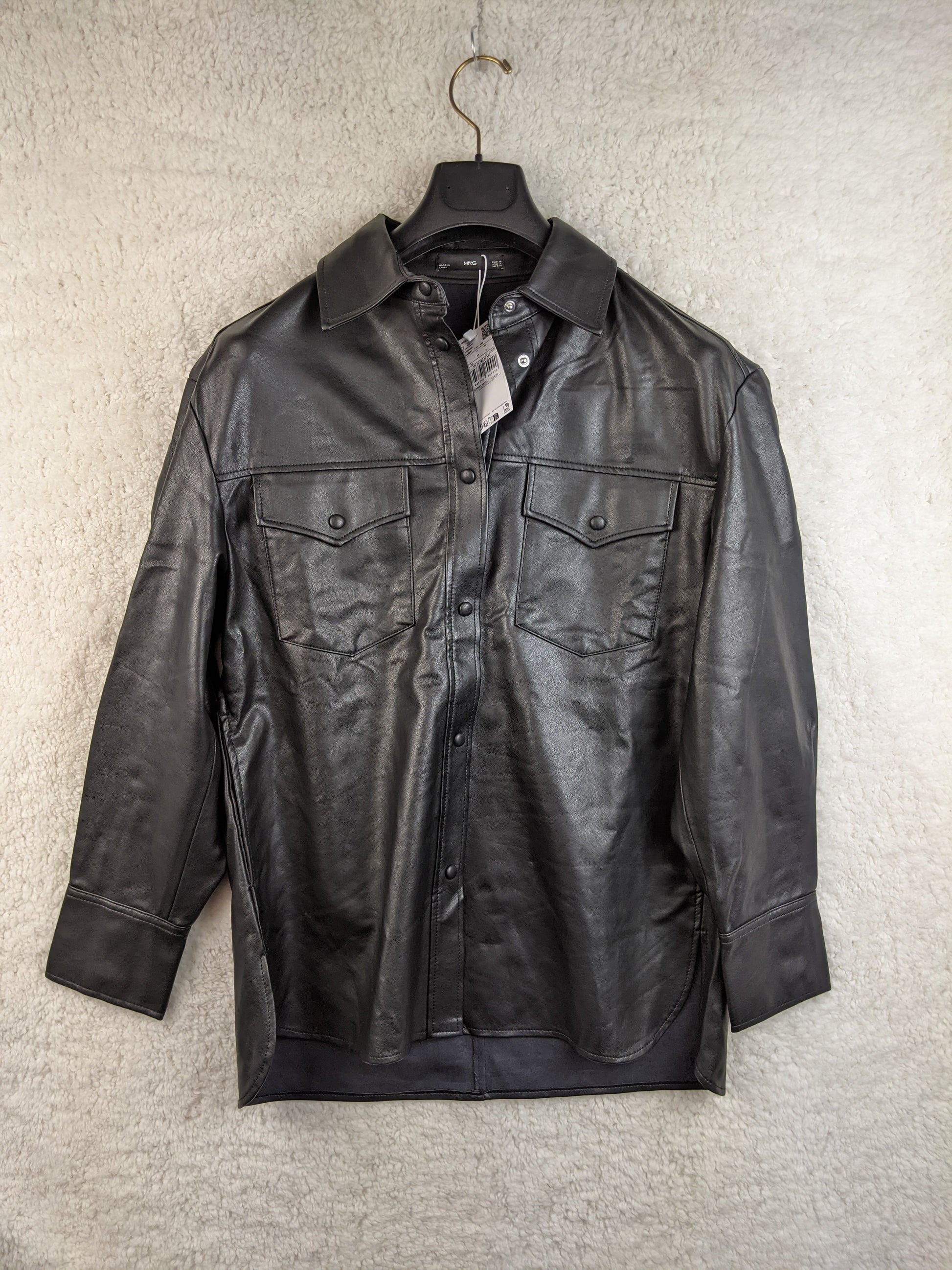 Front view of Mango black faux leather shirt