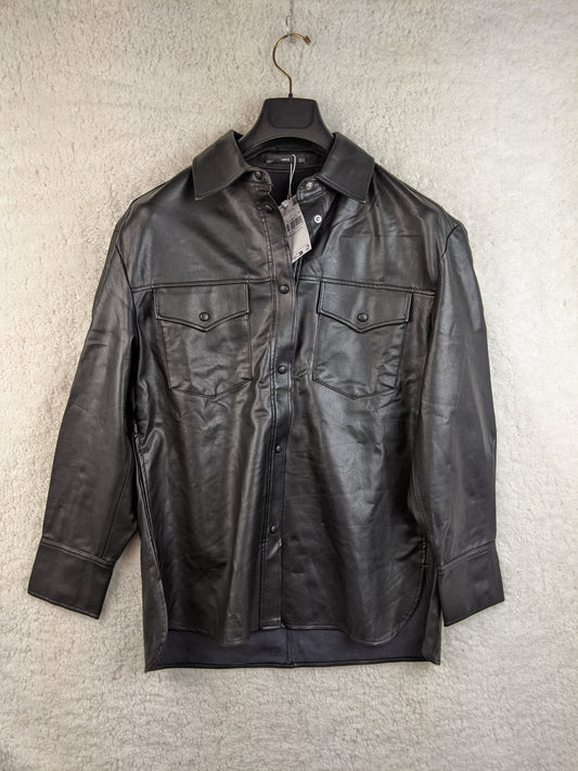 Front view of Mango black faux leather shirt