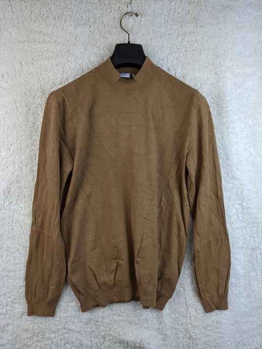 Front view of brown sweater on hanger