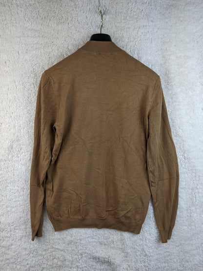 Back view of brown sweater on hanger