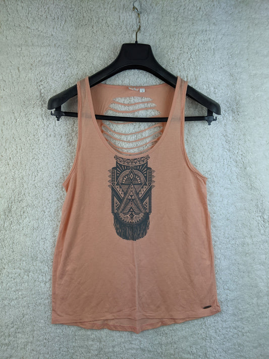 Rip Curl peach tank top with tribal print on hanger