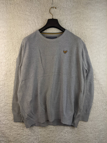 Front view of grey long sleeve sweater