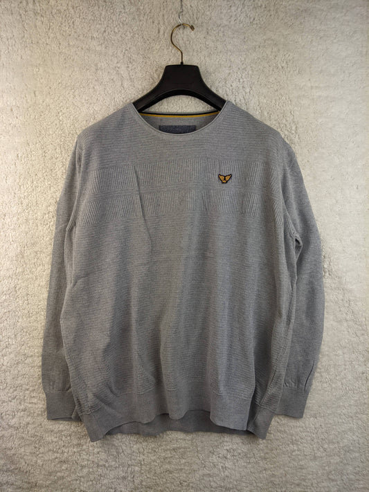 Front view of grey long sleeve sweater