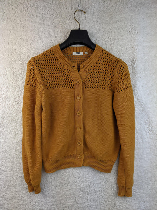 Front view of mustard Uniqlo U cardigan