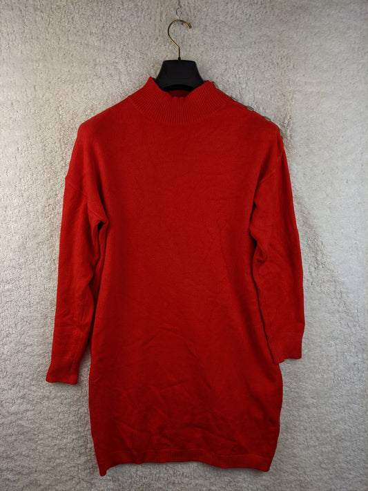 Red sweater dress on hanger front view