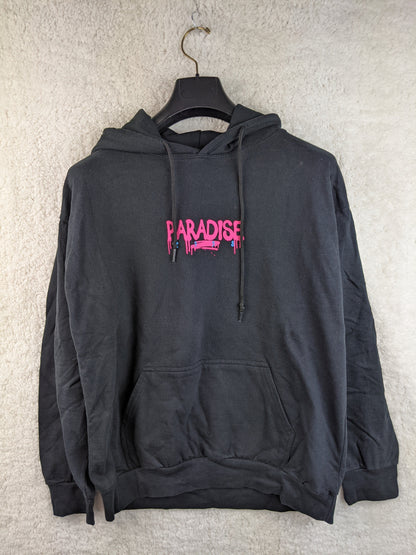 Front view of boohooMAN black 'Paradise' hoodie