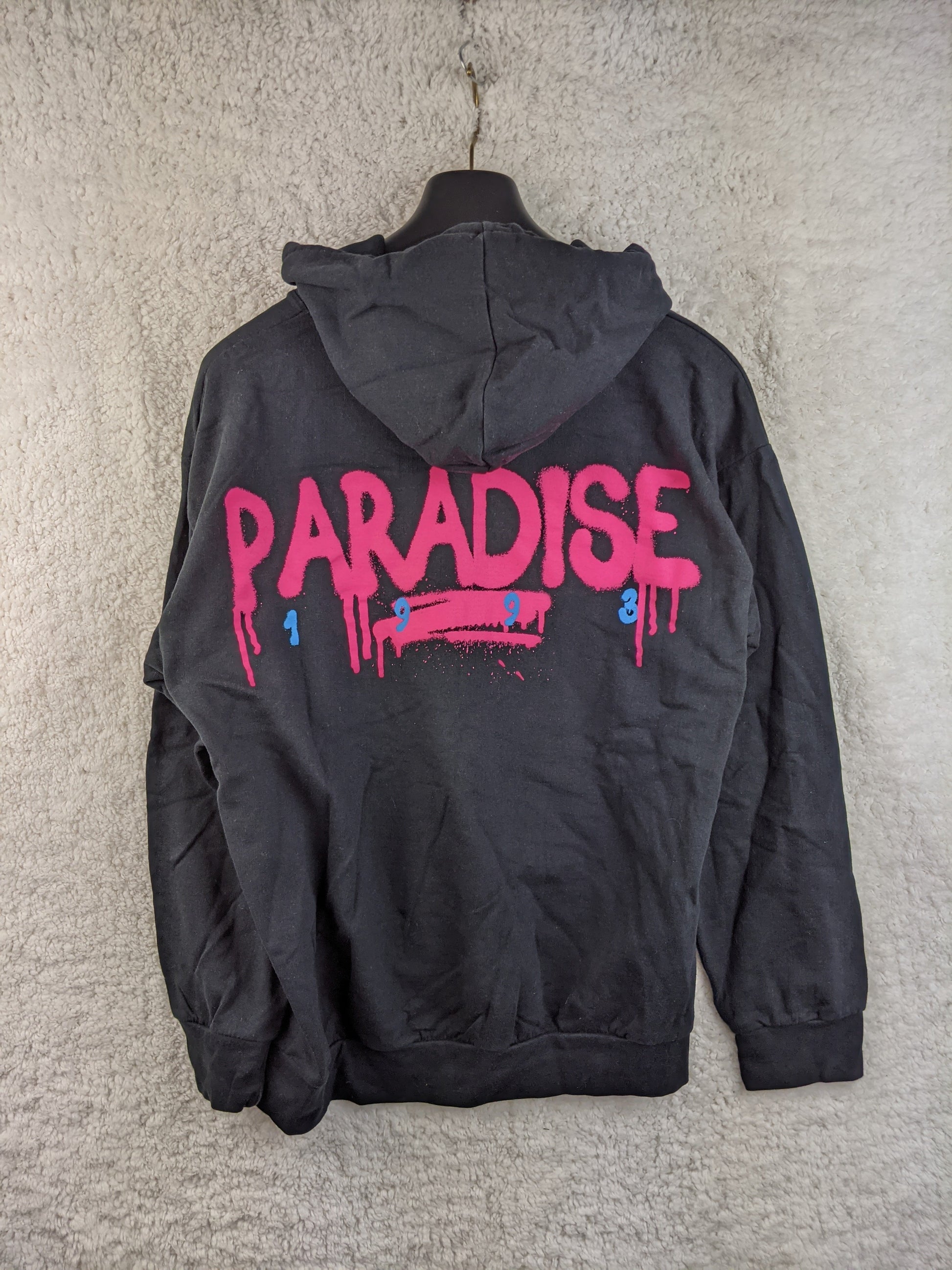 Back view of boohooMAN black 'Paradise' hoodie