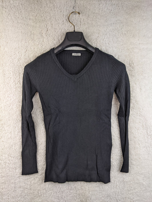 Black ribbed knit sweater on hanger