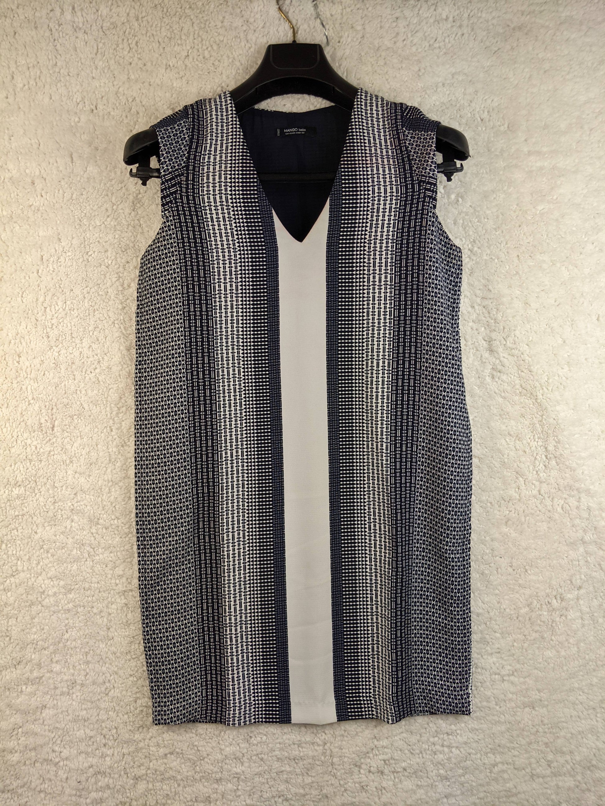 Front view of Mango Basics navy striped sleeveless dress