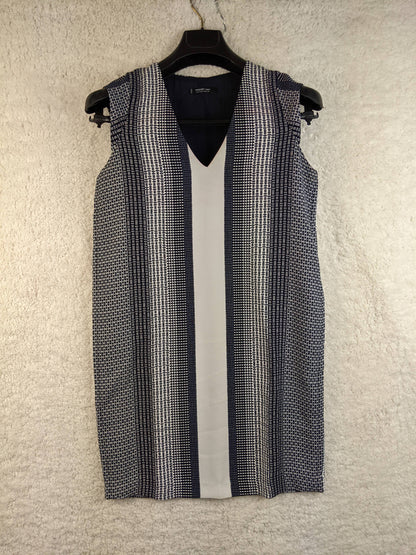 Front view of Mango Basics navy striped sleeveless dress