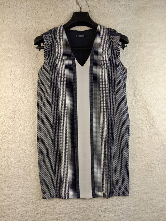 Front view of Mango Basics navy striped sleeveless dress