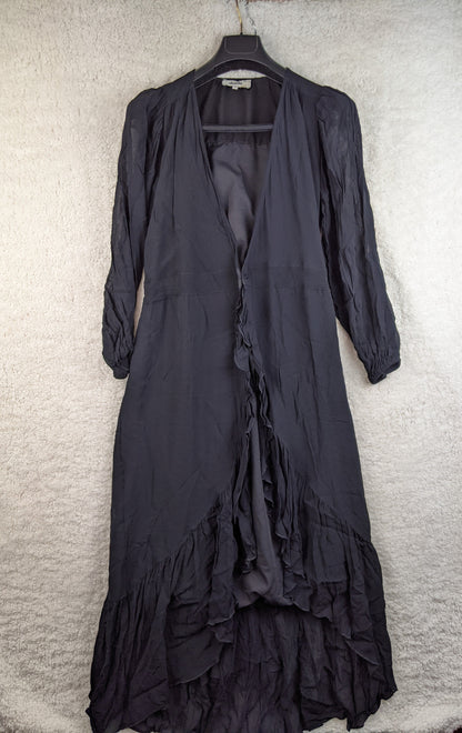 Front view of black ruffled long dress