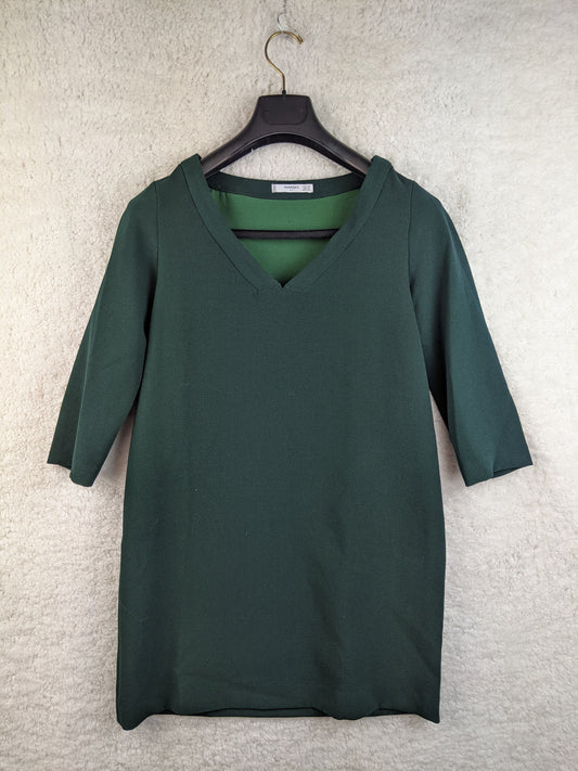 Front view of Mango dark green V-neck dress