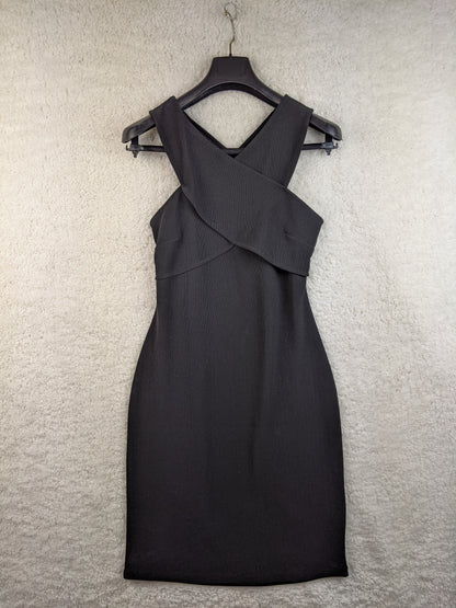 Front view of black twist front dress