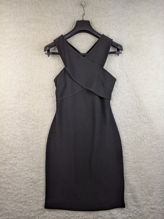 Front view of black twist front dress