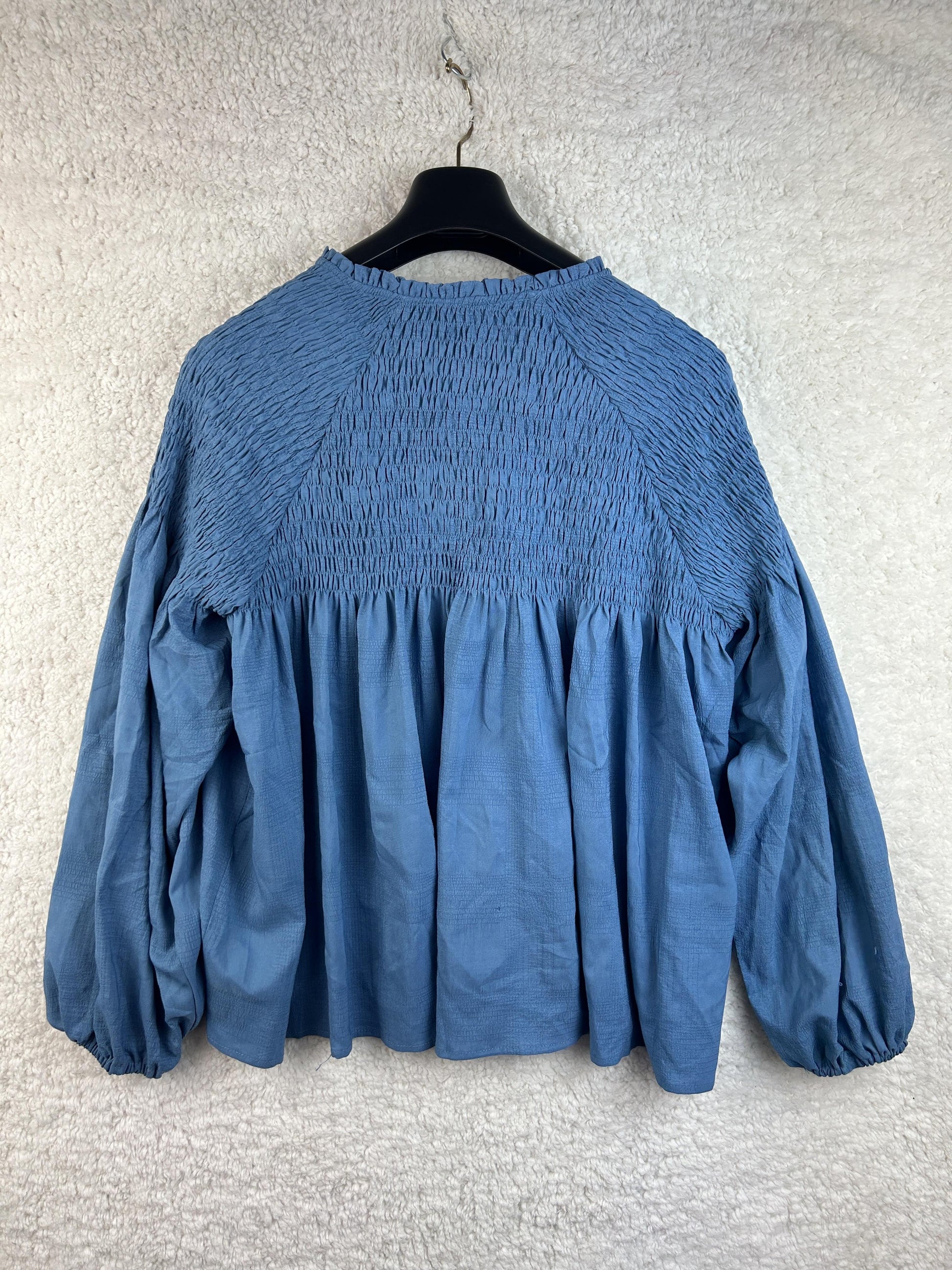 Back view of Dash of Daring blue smocked blouse