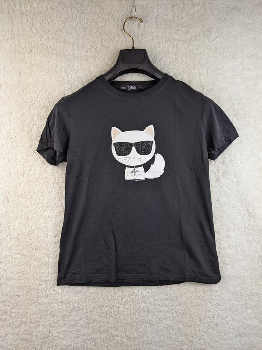 Front view of black T-shirt with cat graphic