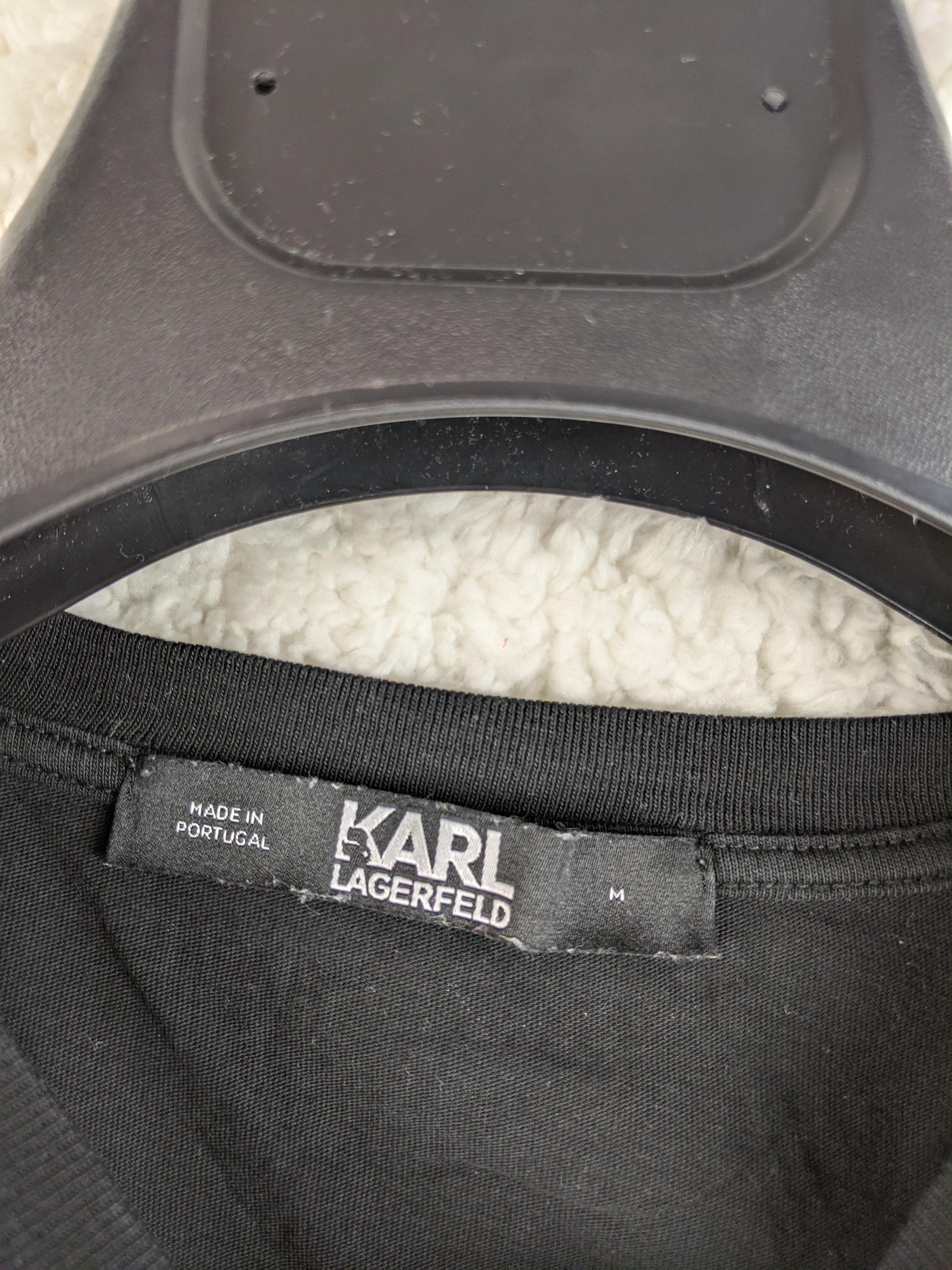 Close-up of Karl Lagerfeld label on T-shirt