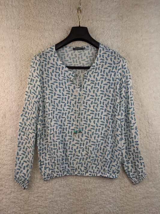 Front view of Geisha blue leaf print blouse