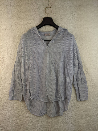 Front view of blue striped blouse