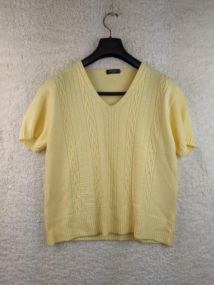 Front view of yellow cable knit sweater