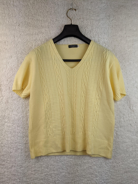 Front view of yellow cable knit sweater